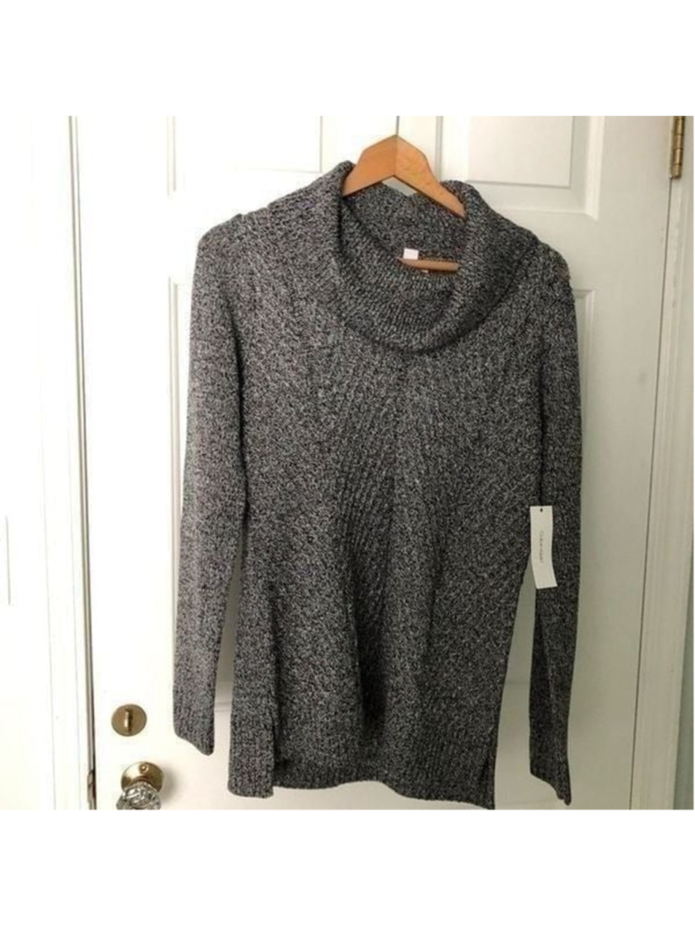 Calvin Klein Cowl Neck Sweater NWT Black White Marled Knit Pullover Tunic Size S